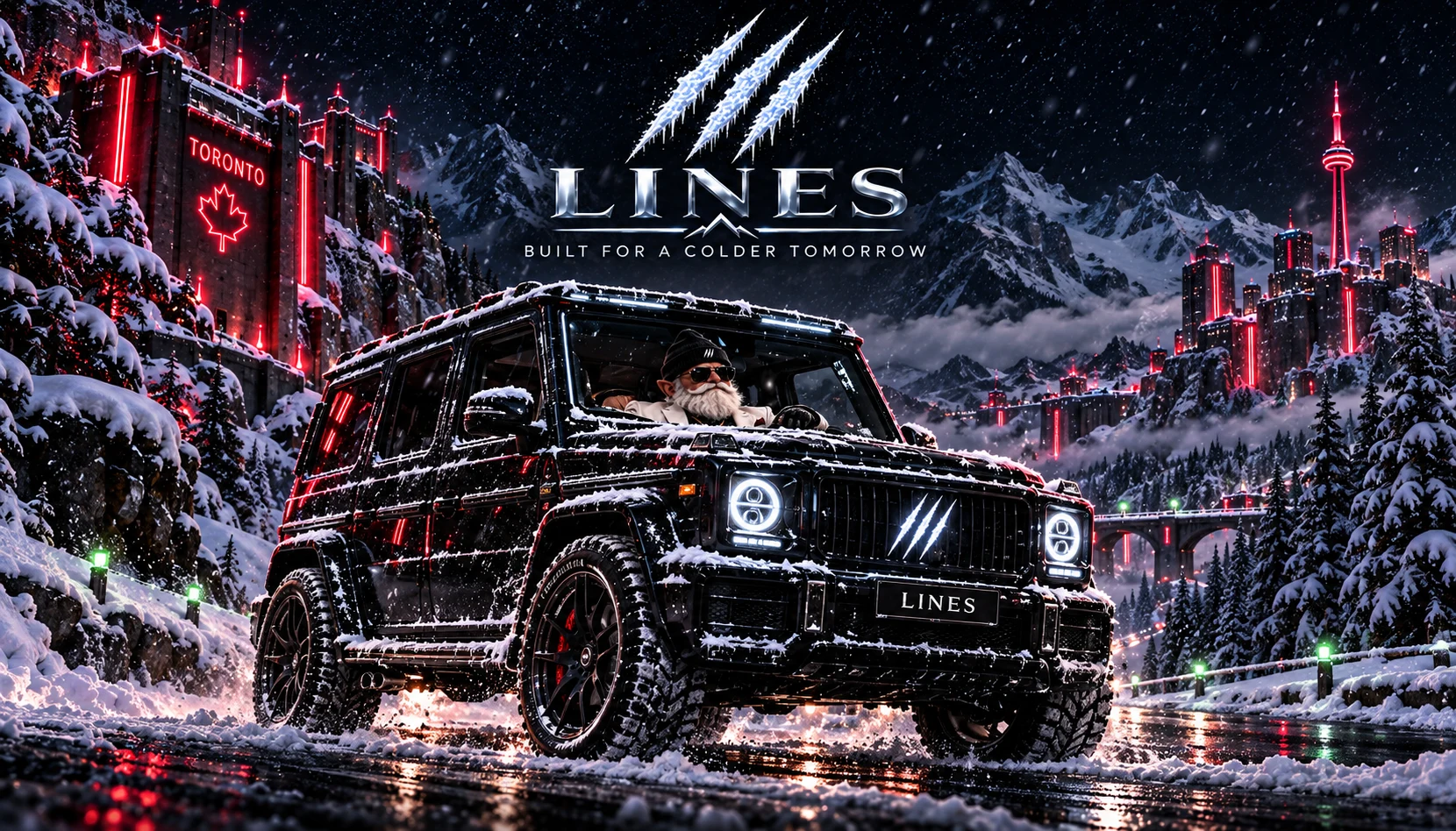 The LINES gnome driving a black luxury SUV through the snow.