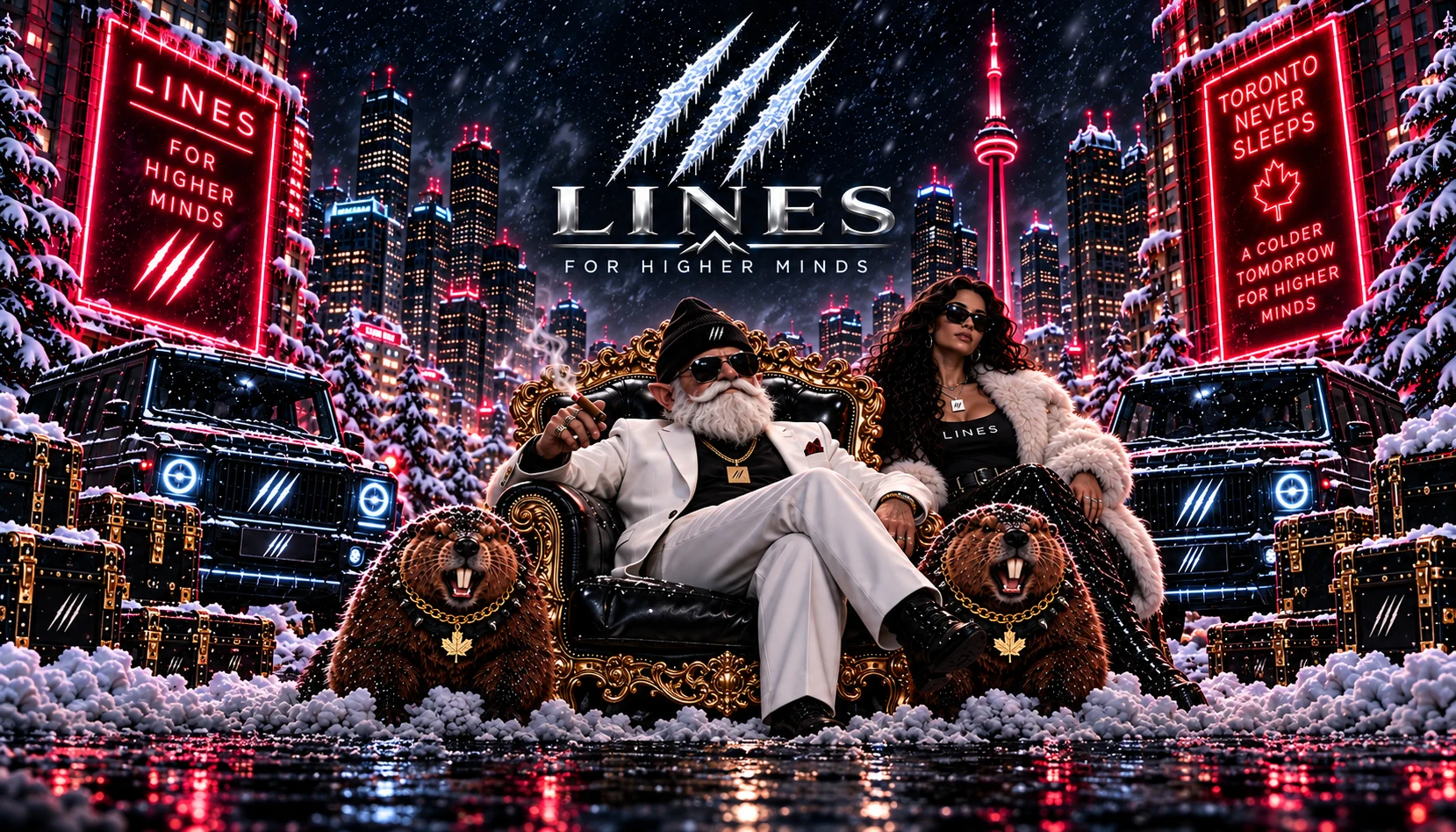 The white-suited LINES gnome and Blanco in a snowy Toronto night.
